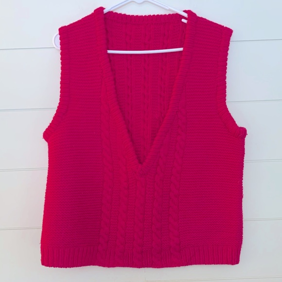EVC Vintage Handmade Chunky Knit Hot Pink Deep V Sweater Vest - Picture 5 of 7